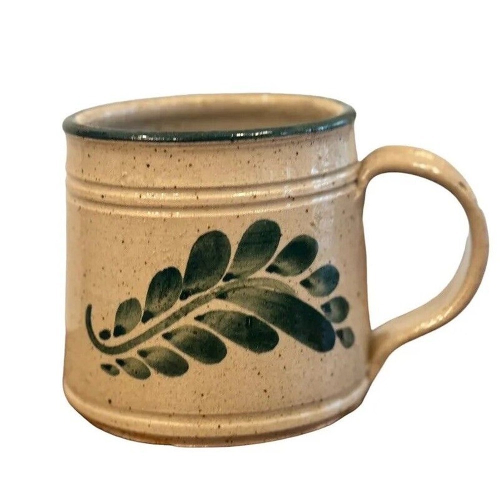 Vintage Signed Salt Glazed Green Leaf Art Pottery Blue Mug 1976
